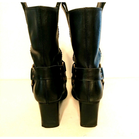 Whats What Harness Biker Boot Women's Black 6.5 Leather Brass Pull On Square Toe - Picture 5 of 12